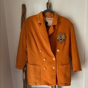 Louis Feraud Saffron Wool Blend Double Breasted Blazer with Gold Crest & Buttons